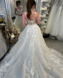 BMbride Designer White A-line Spaghetti Straps Sleeveless Tulle Wedding Dresses With Lace BMbride