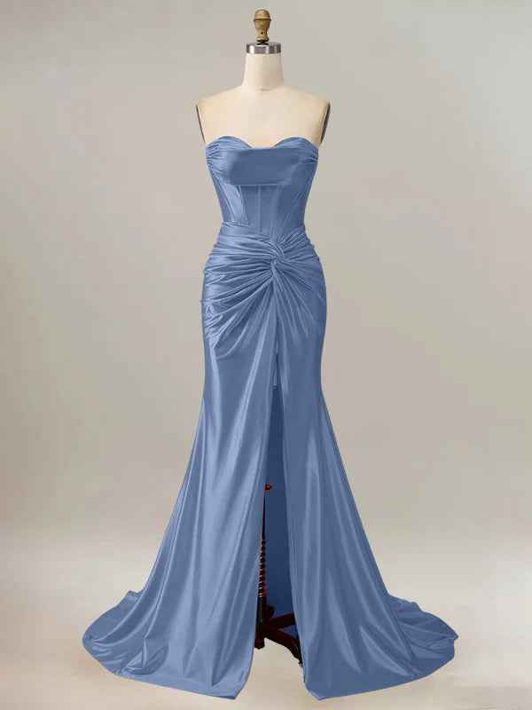 Royal Blue Mermaid Strapless Sweetheart Corset Long Prom Dress with Slit