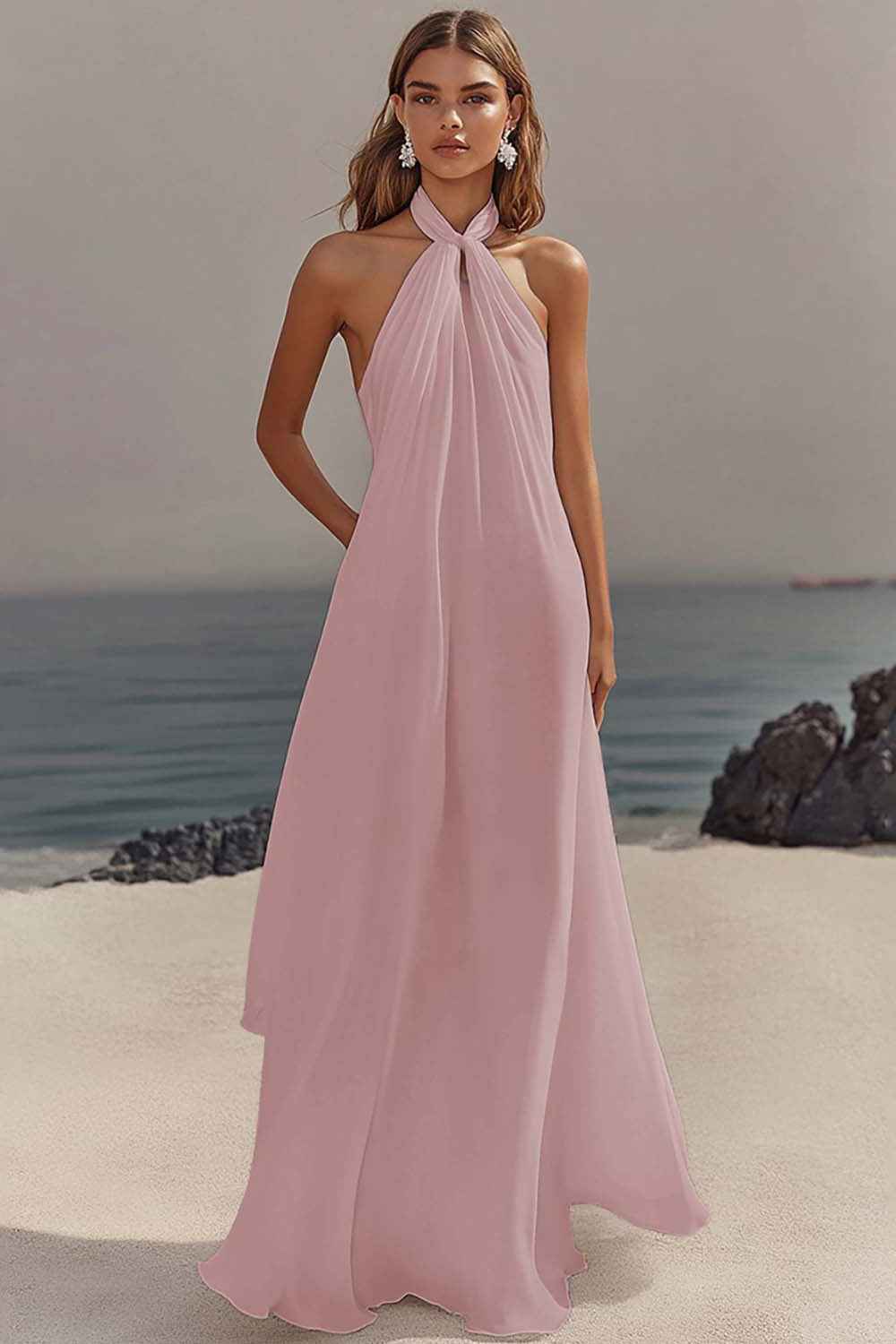 Flowy Sky Blue Chiffon A Line Halter Backless Long Prom Dress