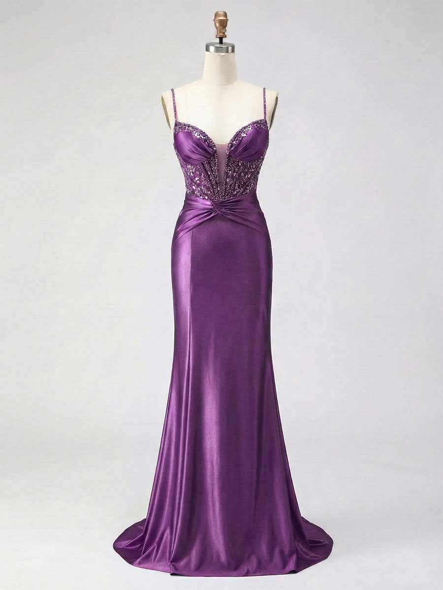 Dusty Blue Beaded Corset Satin Long Prom Dress