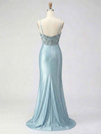 Dusty Blue Beaded Corset Satin Long Prom Dress