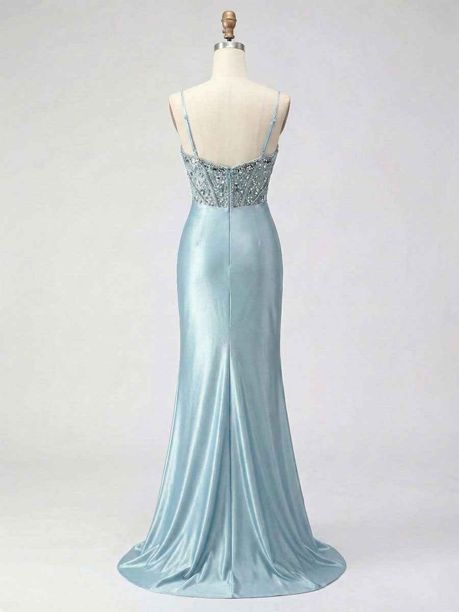 Dusty Blue Beaded Corset Satin Long Prom Dress