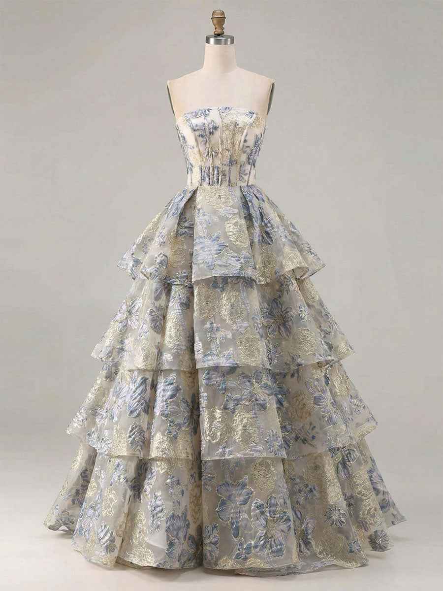 Dusty Blue Floral Brocade Strapless Tiered Long Prom Dress