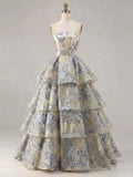 Dusty Blue Floral Brocade Strapless Tiered Long Prom Dress
