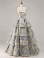 Dusty Blue Floral Brocade Strapless Tiered Long Prom Dress