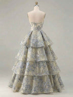 Dusty Blue Floral Brocade Strapless Tiered Long Prom Dress