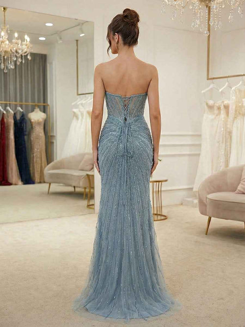 Dusty Blue Linear Beaded Long Corset Prom Dress with High Slit BMBRIDE