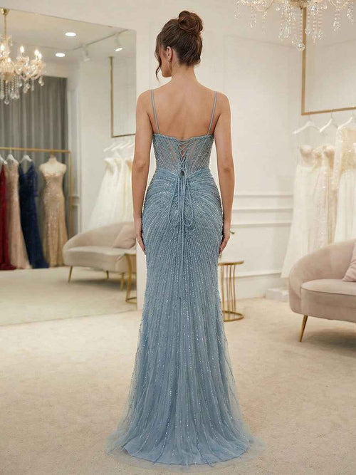 Dusty Blue Spaghetti Straps Linear Beaded Corset Prom Dress with High Slit BMBRIDE
