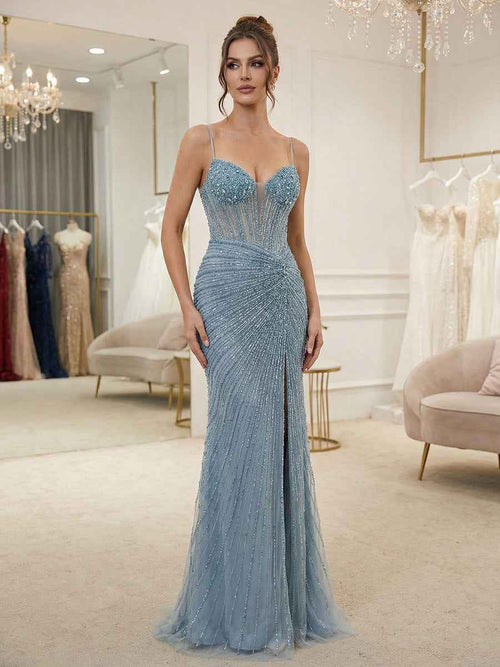 Dusty Blue Spaghetti Straps Linear Beaded Corset Prom Dress with High Slit BMBRIDE