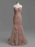 Dusty Rose Mermaid Strapless Ruched Tulle Prom Dress with 3D Floral