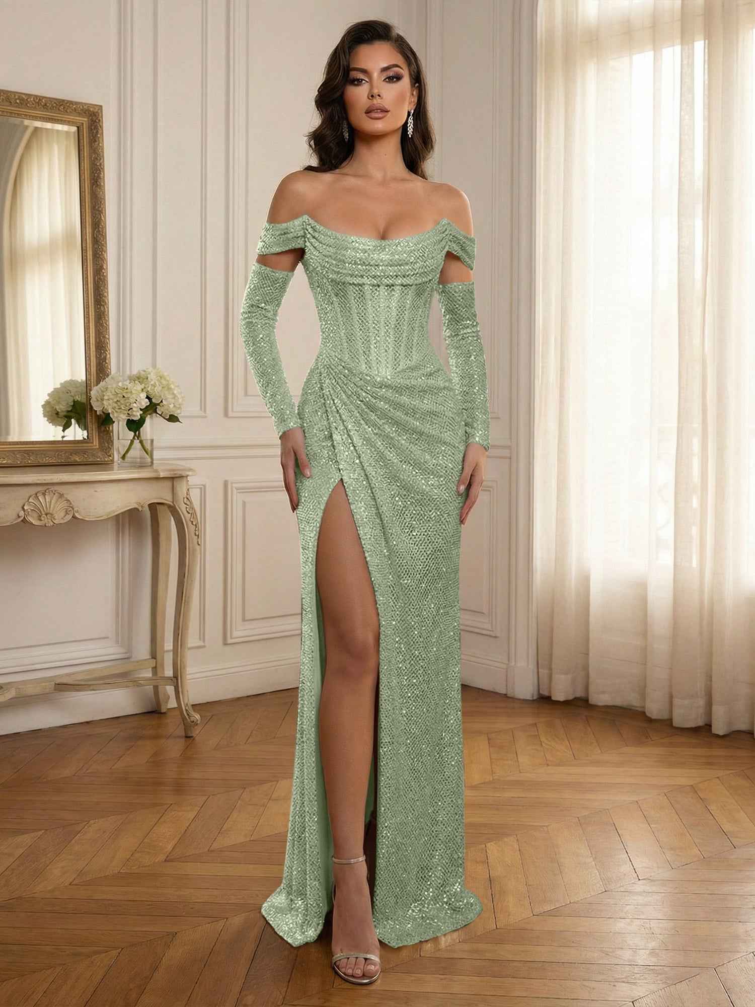 Glamorous Sequined Off-Shoulder Corset Bodice Long Prom Dress with High Slit