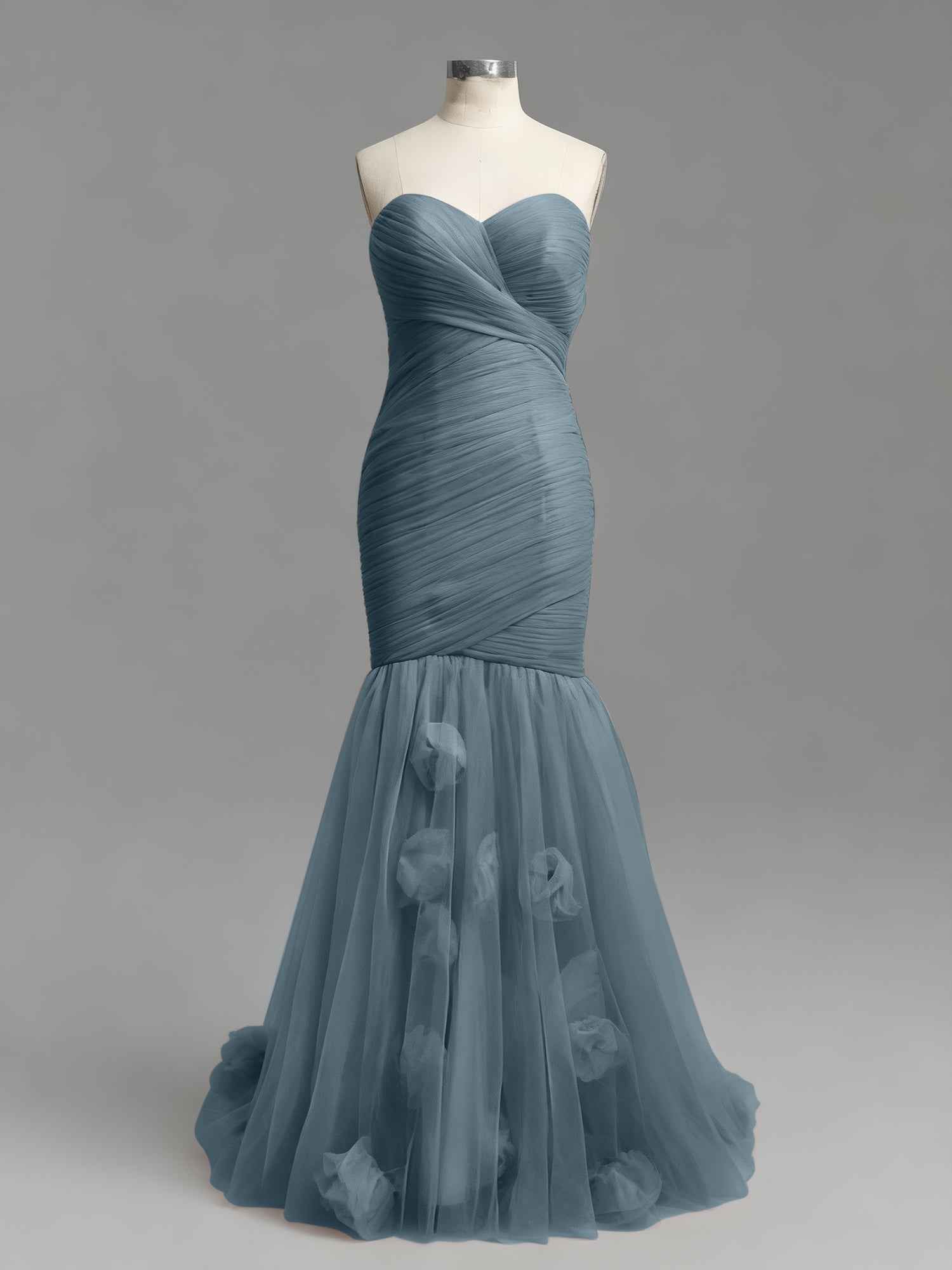 Dusty Rose Mermaid Strapless Ruched Tulle Prom Dress with 3D Floral