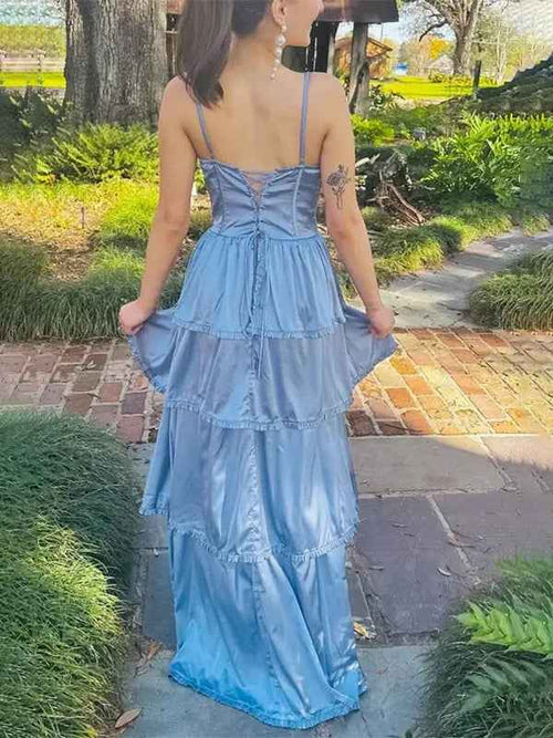 Dusty Blue A-Line Spaghetti Strap Ruffle Prom Party Dress with Slit BMBRIDE