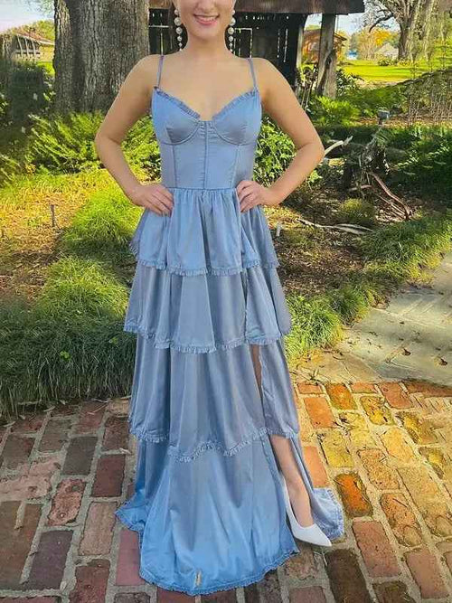 Dusty Blue A-Line Spaghetti Strap Ruffle Prom Party Dress with Slit BMBRIDE