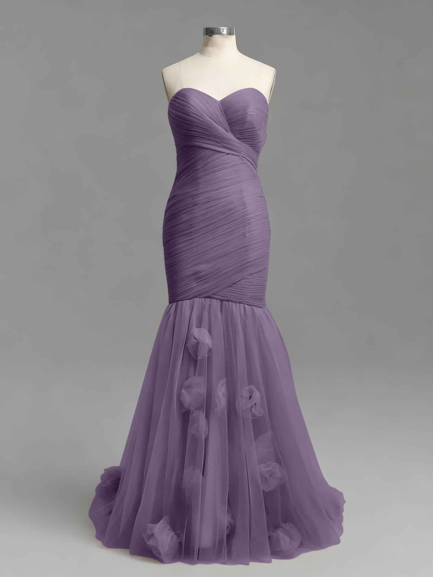Dusty Rose Mermaid Strapless Ruched Tulle Prom Dress with 3D Floral