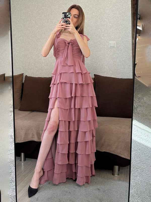 Dusty Rose A-Line Sweetheart Chiffon Tiered Long Prom Dress with Slit BMBRIDE