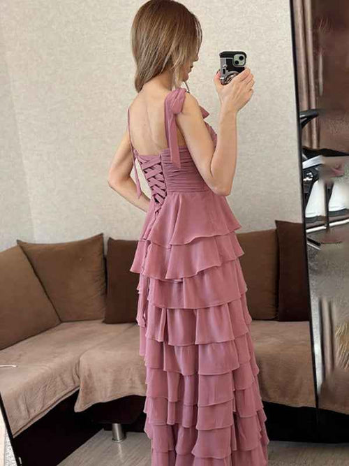 Dusty Rose A-Line Sweetheart Chiffon Tiered Long Prom Dress with Slit BMBRIDE