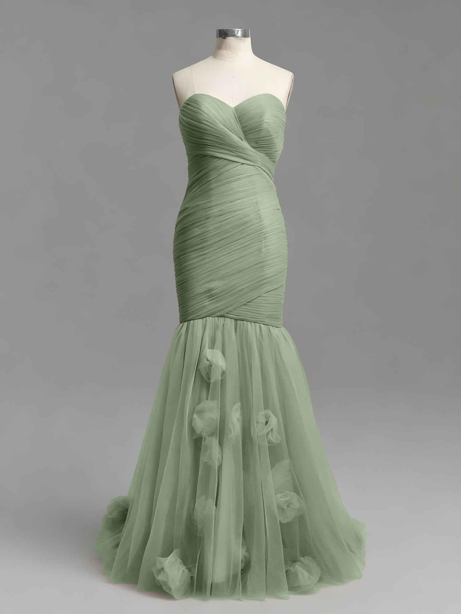 Dusty Rose Mermaid Strapless Ruched Tulle Prom Dress with 3D Floral
