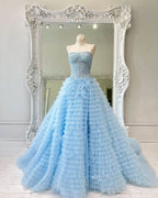 Lovely A-Line Tiered Sequins Tulle Long Prom Dress BM bride