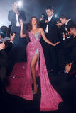 BMbride Elegant Long Mermaid Spaghetti Straps Sequined Sleeveless Prom Dress With Slit BMbride