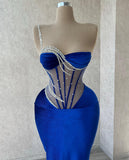 BMbride Elegant Long Royal Blue One Shoulder Mermaid Sequined Beading Prom Dress With Lace BMbride