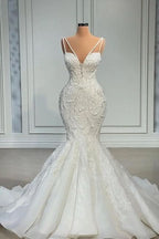 BMbride Elegant Strapless Sleeveless Mermaid Satin Floor-Length Wedding Dresses with Lace BMbride