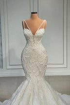 BMbride Elegant Strapless Sleeveless Mermaid Satin Floor-Length Wedding Dresses with Lace BMbride