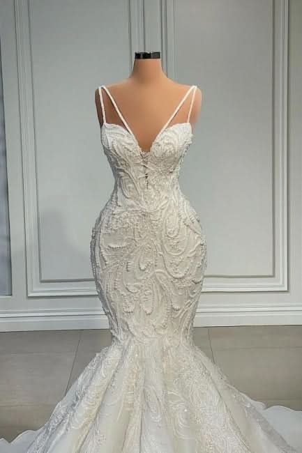 BMbride Elegant Strapless Sleeveless Mermaid Satin Floor-Length Wedding Dresses with Lace BMbride