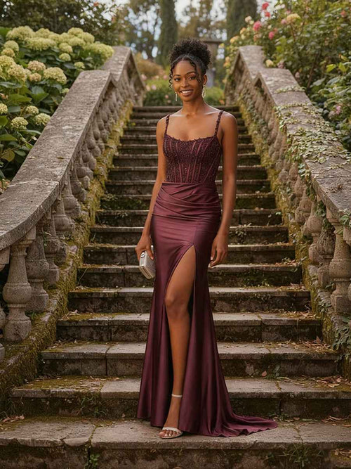 Elegant Beaded Corset Mermaid Long Prom Dress with Slit BMBRIDE