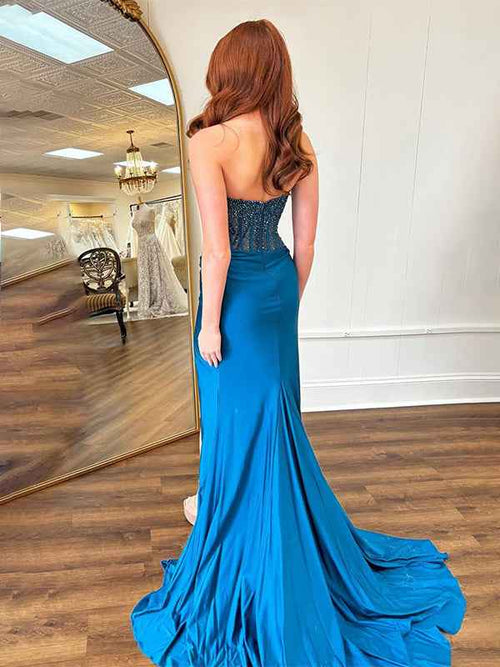 Dark Blue Mermaid Strapless Glitter Top Long Satin Prom Dress with Slit BMBRIDE