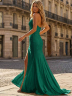 Yellow Beaded Halter Corset Prom Dress with High Slit