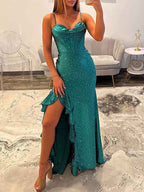 Emerald Green Cowl Neck Sequin Corset Prom Dress with Ruffled Slit