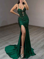 Emerald Green Front Cutouts Sequin Prom Dress with Slit