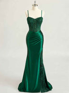 Emerald Green Ruched Waist Satin Corset Prom Dress with Sheer Lace Side Panel