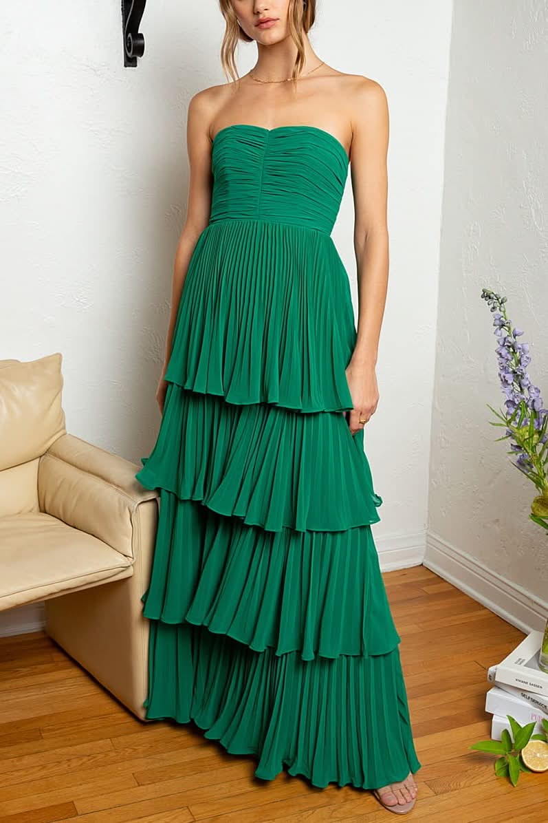 Stunning Strapless Emerald Green Ruffle Multi-Layer Long Prom Dress BM bride