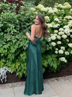 Blue A Line V-neck Beaded Back Tie Long Prom Dress