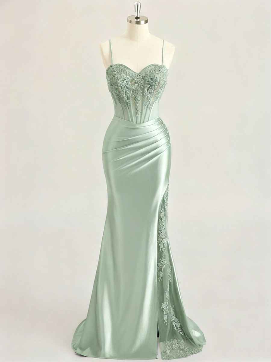 Emerald Green Ruched Waist Satin Corset Prom Dress with Sheer Lace Side Panel