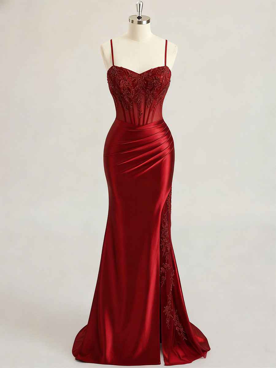Emerald Green Ruched Waist Satin Corset Prom Dress with Sheer Lace Side Panel