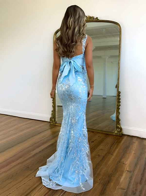 Light Blue Mermaid Straps Sequined Long Prom Dress with Appliques BMBRIDE