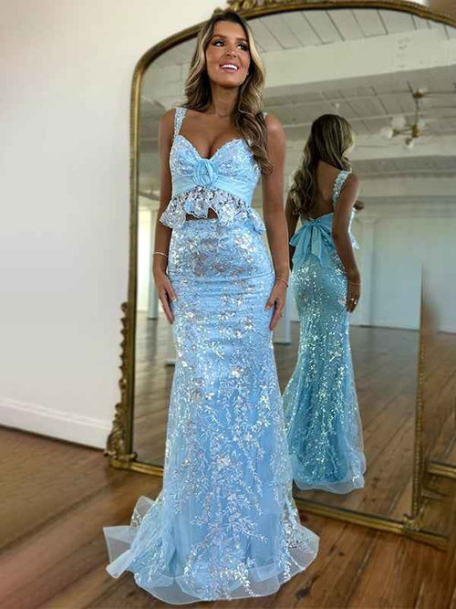Light Blue Mermaid Straps Sequined Long Prom Dress with Appliques BMBRIDE