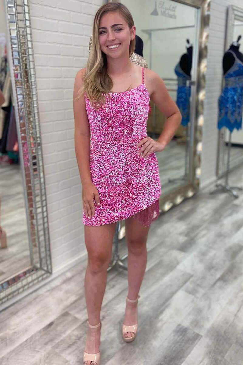 Trendy Bodycon Spaghetti Straps Sequins Homecoming Dress with Tassel Details BM bride