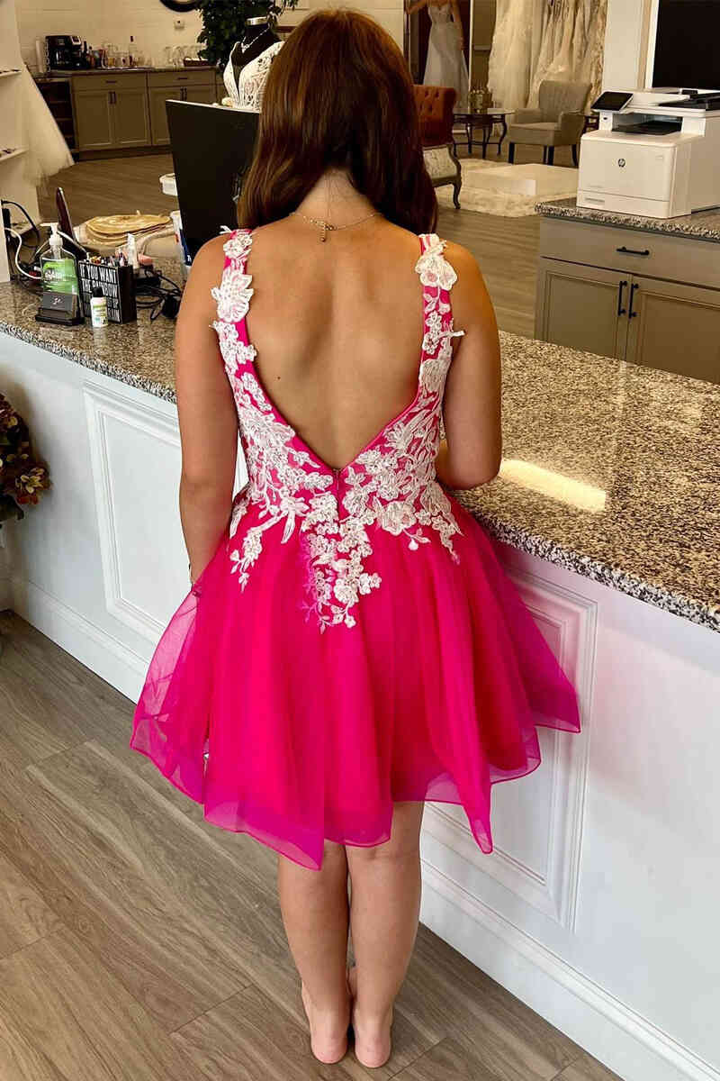 Elegant A-Line V-Neck Tulle Homecoming Dress with Beautiful Appliques BM bride