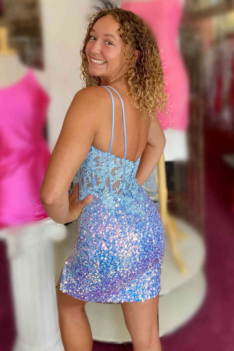 Constance |Bodycon Blue Sequins Lace Homecoming Dress BM bride