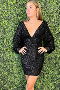 Elegant V-Neck Long Sleeves Sequined Sheath Homecoming Dress BM bride
