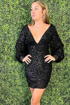 Elegant V-Neck Long Sleeves Sequined Sheath Homecoming Dress BM bride