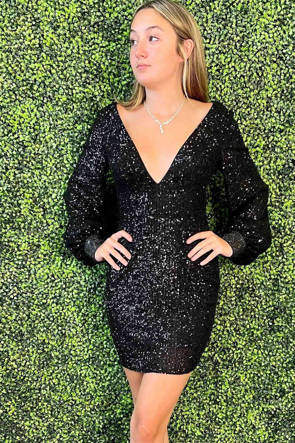 Elegant V-Neck Long Sleeves Sequined Sheath Homecoming Dress BM bride
