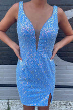 Yolande |Sheath Sky Blue Sequins Homecoming Dress BM bride