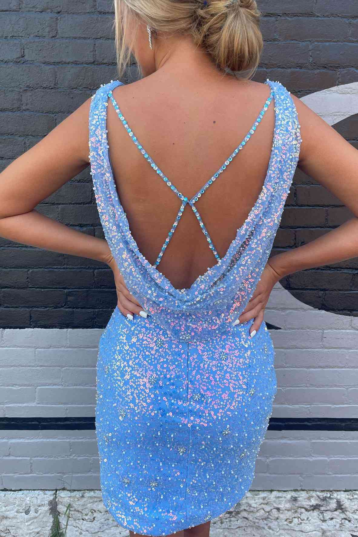 Yolande |Sheath Sky Blue Sequins Homecoming Dress BM bride