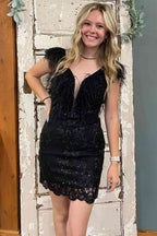 Tina |Sheath V-Neck Feathered Sequins Homecoming Dress BM bride