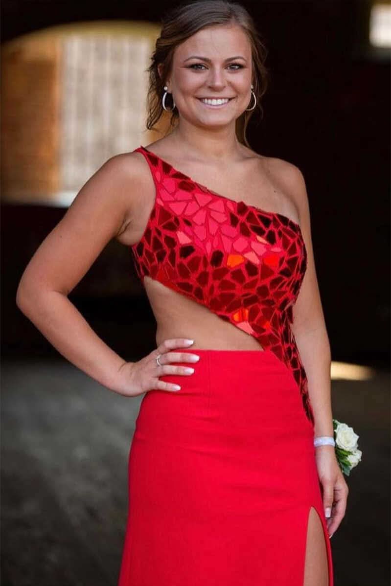 Fashionable Sheath One Shoulder Cut Mirror Sequins Prom Dress BM bride